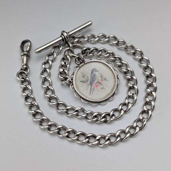 Circa 1915 British Antique Sterling Silver Albert Chain, 36g, Hand-Painted Bird Fob